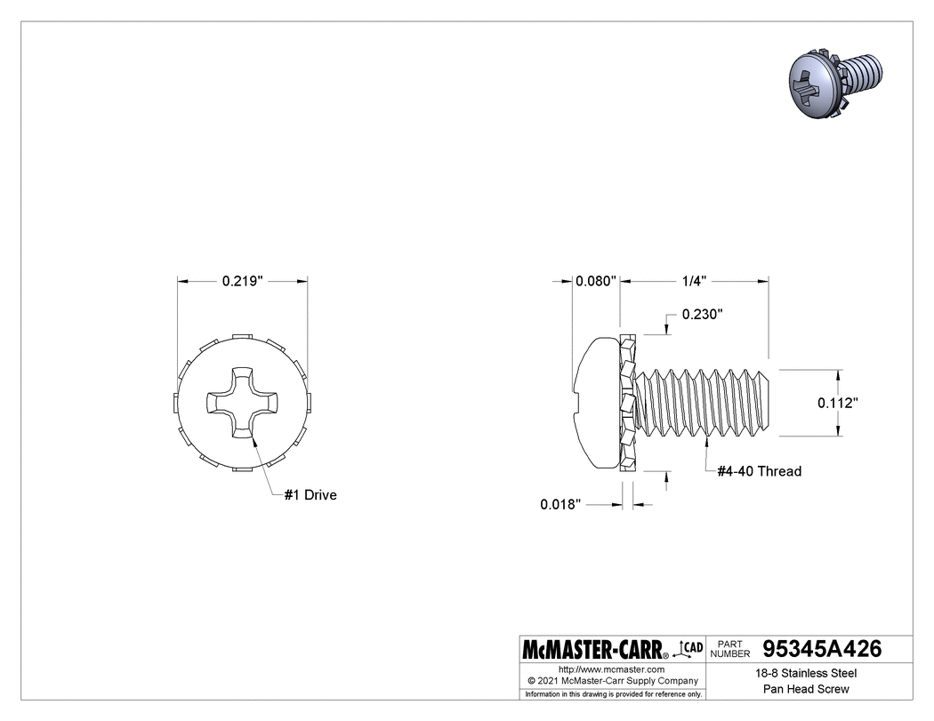 Technical Drawing of 18-8 Stainless Steel Pan Head Screw, with External-Tooth Lock Washer, 4-40 Thread Size, 1/4" Long.